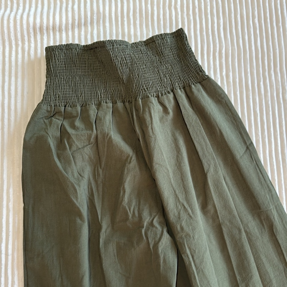 Women's Green Wide-Leg Pants Pull On Elastic Waistband Pockets Linen Polyester M - Picture 6 of 12